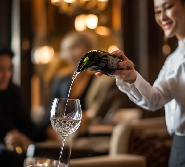 酒店服务礼仪倒酒，让客人感受到温暖与专业。